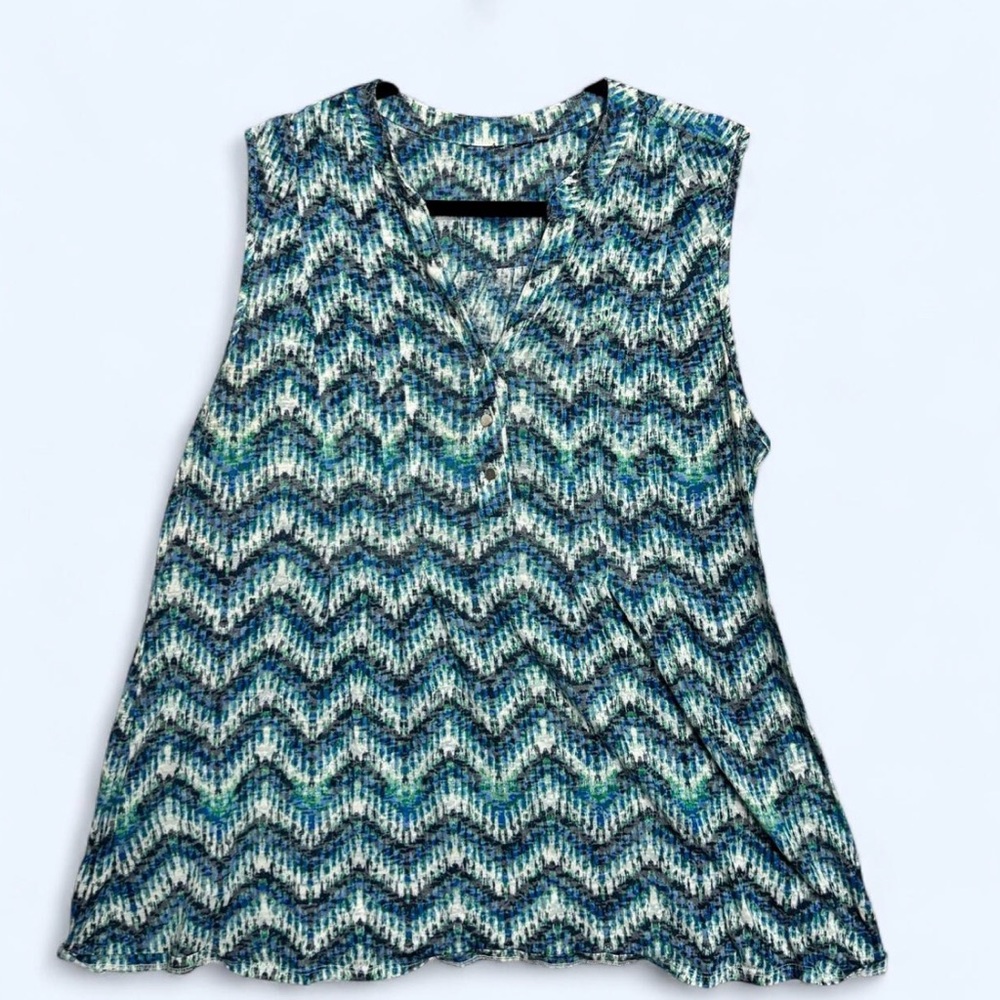 Sz L Teal Blue Green Chevron Zigzag Sleeveless Top Boho Coastal Grandma Dopamine